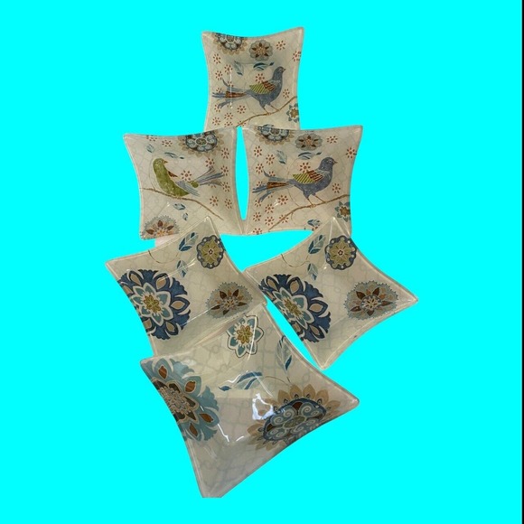 6 Reverse Painted Glass Snack Bowls Abstract Birds Mosaic Design 5" MCM - Picture 13 of 15
